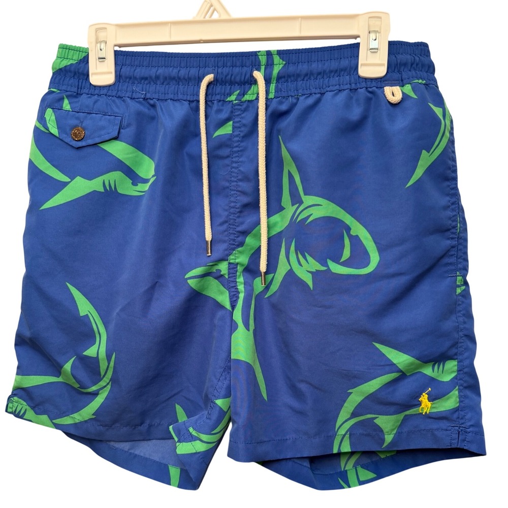 Polo Ralph Lauren Mens Blue Green Shark Print Swim Trunks Shorts M Mesh Lining